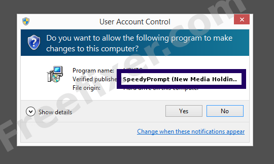 Screenshot where SpeedyPrompt (New Media Holdings Ltd) appears as the verified publisher in the UAC dialog
